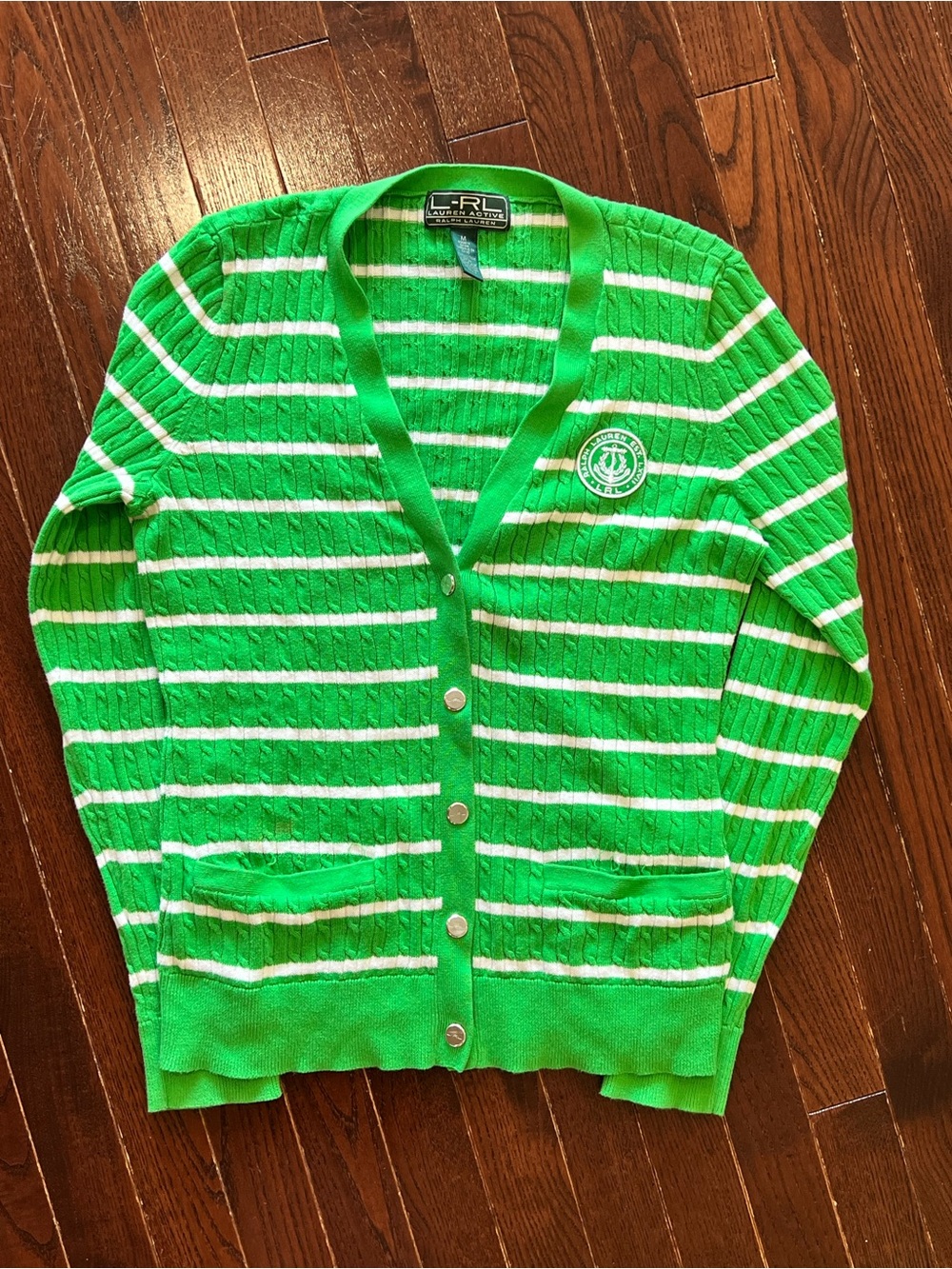 Ralph Lauren Green Striped Cable Knit Cardigan Prep Old Money Sz M
